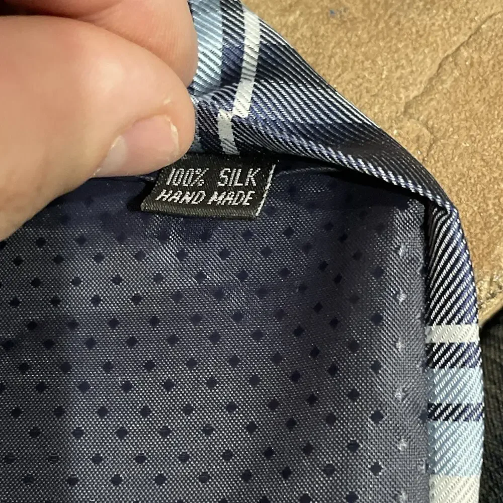 Kai Long Tie 100% Silk Blue Plaid Diagonal Pattern Handmade